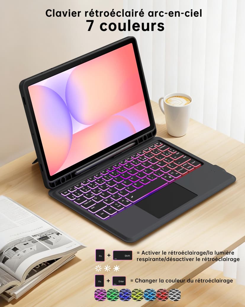 Coque Clavier Pour Samsung Galaxy Tab S10 Lite/S10 FE/S9 FE/S9 : mode DEX en un clic,mise en veille/réveil auto,rétroéclairage arc-en-ciel,Étui Clavier AZERTY français détachable avec pavé tactile - 8