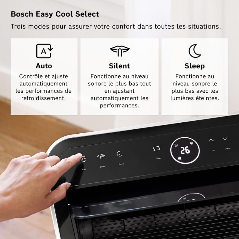 Bosch Cool 4000 Portable AC - 3 en 1 Climatiseur, Déshumidificateur, Ventilateur - 2,6 kW pour les pièces jusqu'à 35m² - Avec Mode Auto, Mode Silencieux et Mode Veille (48 db (A)) [Classe A+] - 5