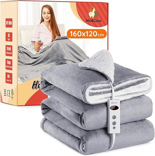 Mia&Coco Electric Heated Blanket Throw Flannel Sherpa Fast Heating 120x160cm, 10 Heat Levels & Up-to-9-Hours Auto-Off Timer & LED Display, for Home Office Use, Machine Washable, ETL Certified, Gray