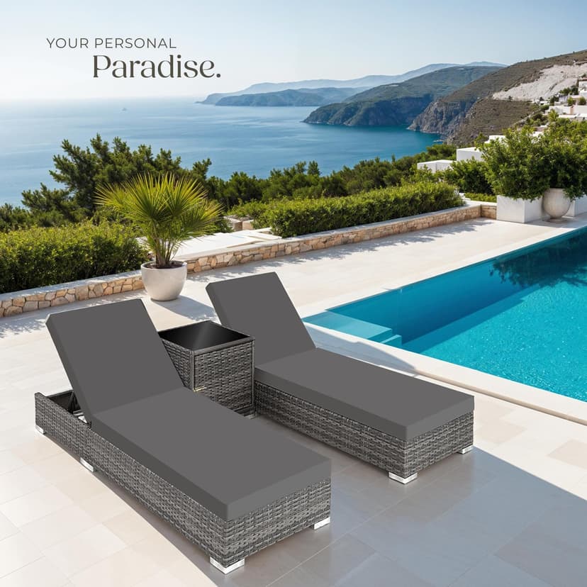 tectake® 3PC Rattan Sun Lounger with Aluminium Frame, Garden Furniture Set with 2 Loungers, Including Side Table, Cushions and 2 Cover Sets, 5-level Reclining Garden Chair - grey - 9