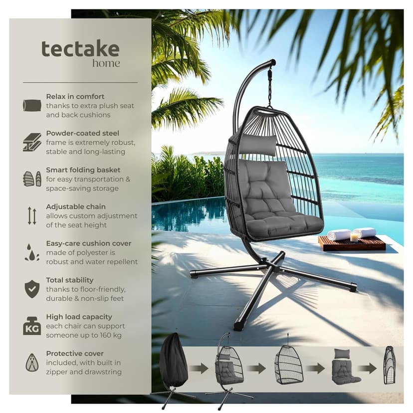 tectake® Luxurious Egg Chair with Stand, Thick Cushions, Polyrattan Weave, Rotatable & Height-Adjustable, Steel Frame, Incl. Protective Cover - Ideal Hammock Chair for Garden, Patio & Balcony - Grey - 2