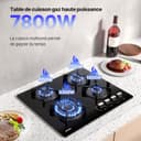 WEHIMO Gas Hob with 4 Burners, Built-in Gas Hob, 60 cm, Cast Iron Grill, 7800W, City Gas and Bottle, Black Glass - 3