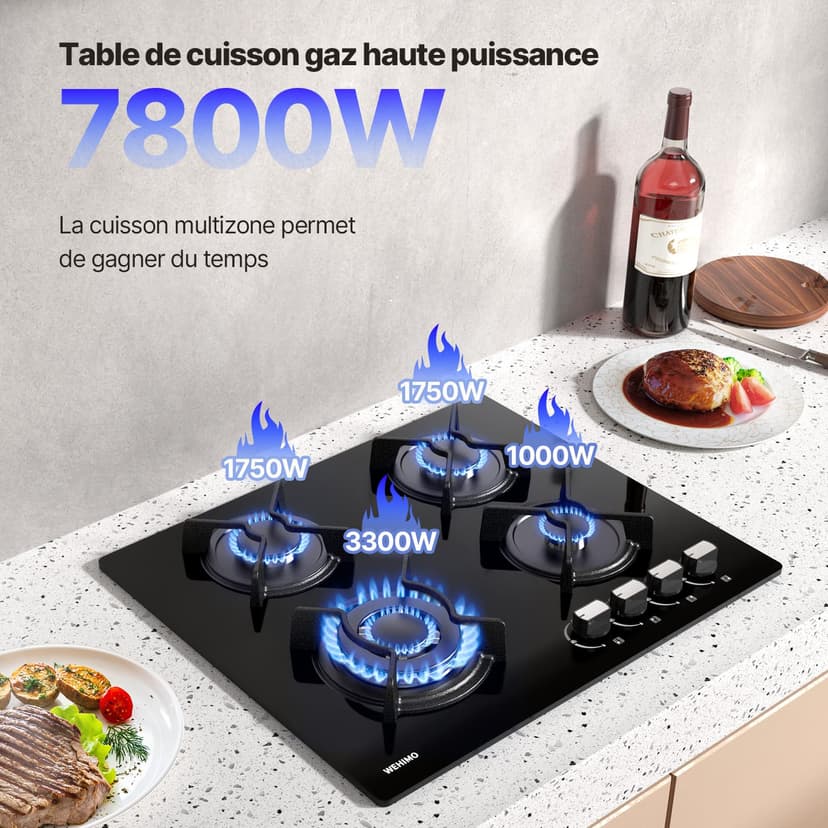 WEHIMO Gas Hob with 4 Burners, Built-in Gas Hob, 60 cm, Cast Iron Grill, 7800W, City Gas and Bottle, Black Glass - 3