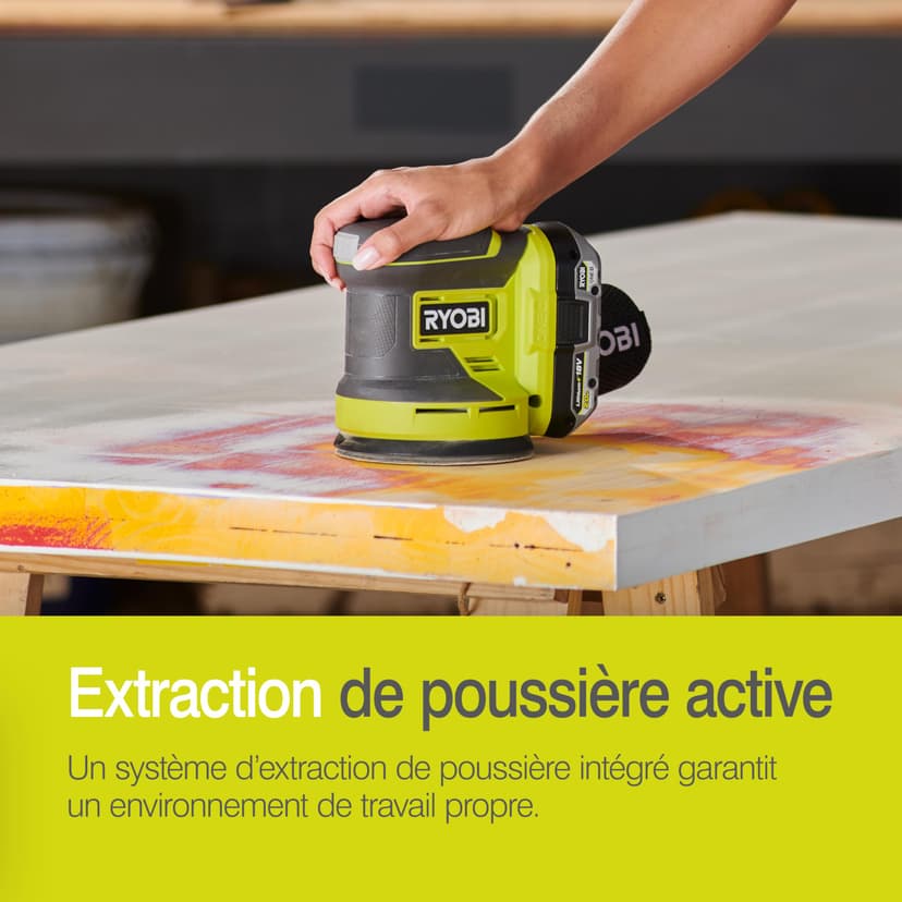 RYOBI - Ponceuse Excentrique Sans Fil 18V ONE+ RROS18-0 – Plateau Ø125 mm, Collecteur de Poussière, Mouvements Orbitaux Puissants – Finition Bois, Peinture, Métal – Batterie Non Incluse - 4