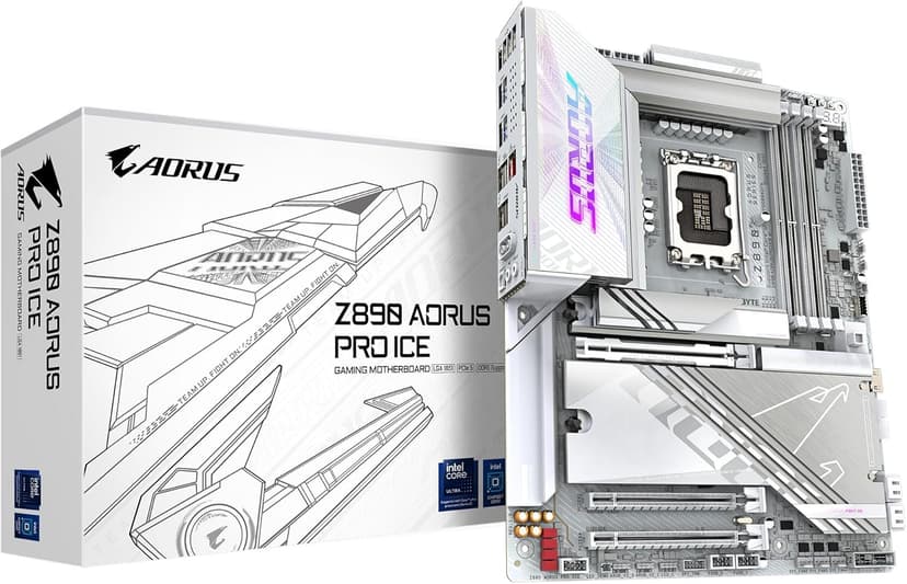 GIGABYTE Z890 AORUS PRO ICE Motherboard - Supports Intel Core Ultra (Series 2) CPUs, 16+1+2 phases VRM, up to 9500MHz DDR5 (OC), 1xPCIe 5.0 + 4xPCIe 4.0, Wi-Fi 7, 5GbE LAN, Thunderbolt 4 - 1