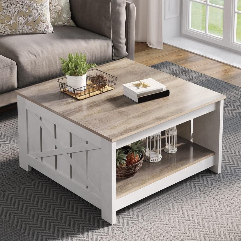 YITAHOME Coffee Table with Storage,Square Wood Modern Rustic Coffee Table for Living Room,Farmhouse Grey Wash Coffee Tables with Half Open Storage Compartment - 1