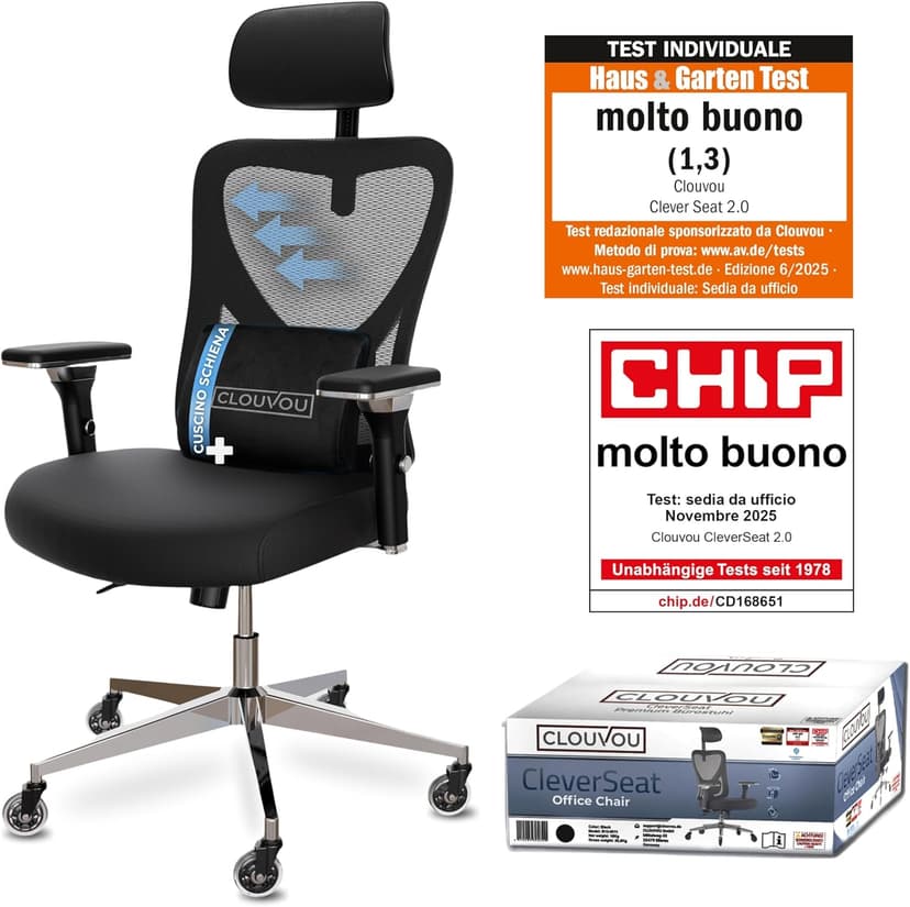 CLOUVOU Chaise Bureau Ergonomique CleverSeat [Élue N°1] Fauteuil de Bureau & Chaise Gaming | Charge maximale 150kg (Noir) - 1