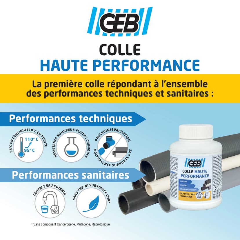 GEB Colle haute performance 250 ml polyvalente pour assemblage de canalisations en PVC - Pour réseau avec pression d'eau froide/chaude sanitaire et réseau d'évacuation des eaux usées - 3