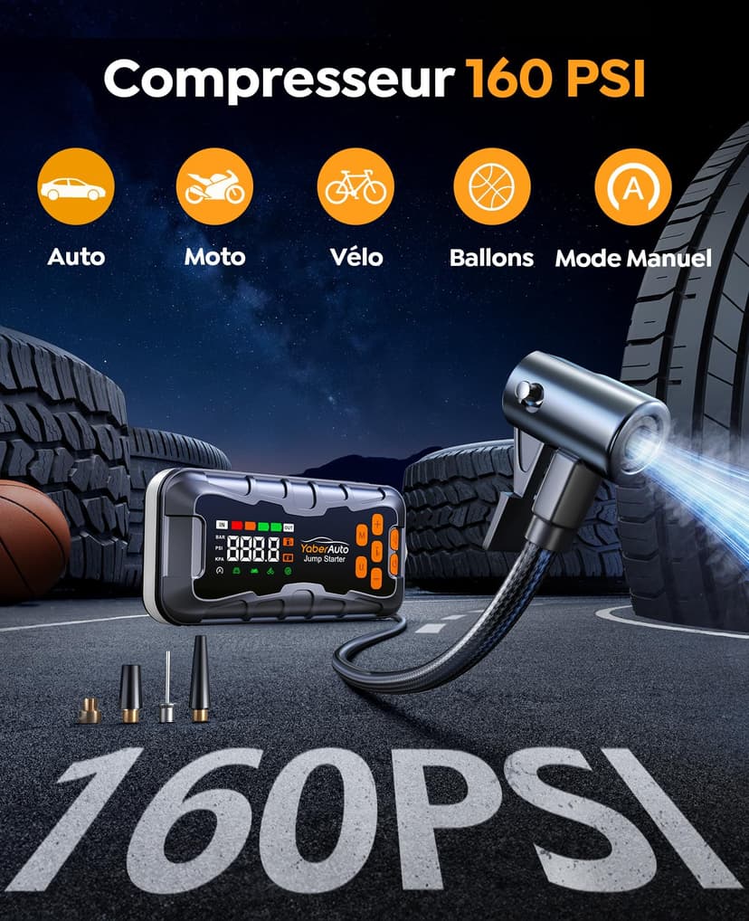 16-IN-1 Jump Starter Power Pack 27000mAh 7000A with Air Compressor 160PSI, Car Battery Booster Jump Starter (All Gas/14L Diesel/Hybrid) with Tire Repair Kit, Hook Stone, Tow Rope,Gloves, 800 Lumen - 3