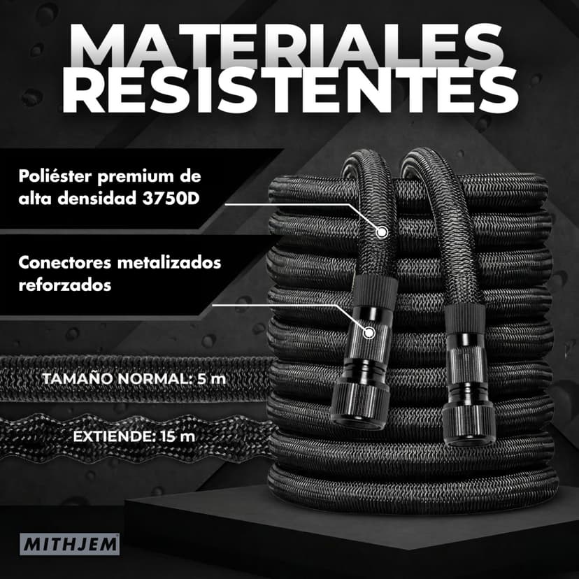 MITHJEM Garden Hose – Expandable 15 Metres with 8 Irrigation Functions – Polyester 3750D Roll Up Garden Hose – 1/2 Inch, 3/4 Inch and Universal Connectors for Tap Included - 4