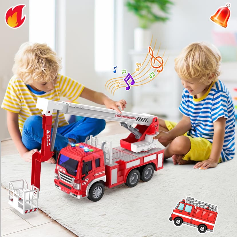GizmoVine Gros Camion de Pompier, Véhicule Pompiers XXL avec Échelle, Sonore et Lumineux, Grand Realiste Maquette Camions, Voiture à Friction Jouet, Cadeau Enfant 3 4 5 6 7 8 Ans - Rouge - 7