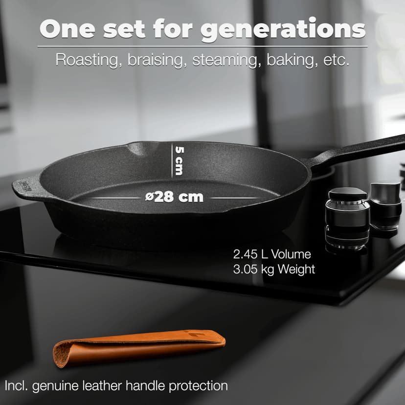 TECOR Cast Iron Pan Set 28cm Unpolished, Universal, Natural - Durable Cast Iron Skillet - Non-Stick Cast Iron Frying Pan Top Quality - Cast Iron Frying Pan - Skillet Pan - Cast Iron Cookware Set - 4