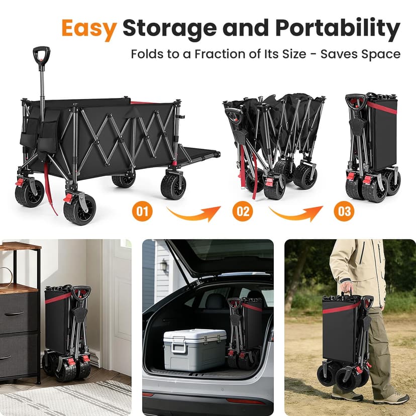 YEAUPE PRO Handcart Foldable 200-300L 150 kg, Foldable Handcart with Parking Brake, 4-Way Folding, Height Adjustable for Camping, Beach Trolley, Garden, Shopping, Black - 8