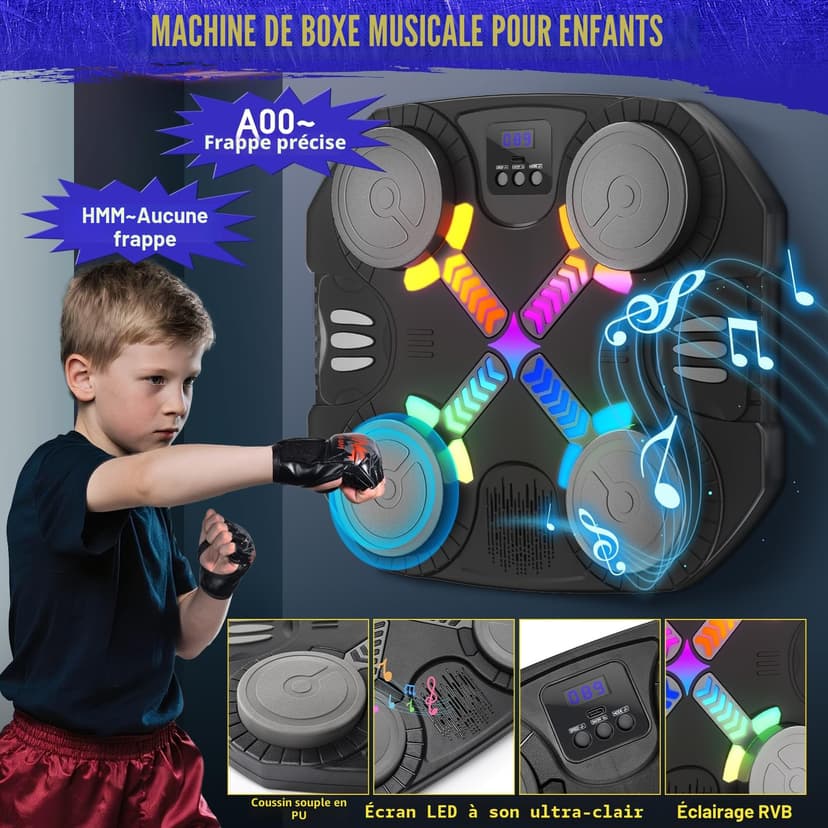 Esnowlee Music Boxing Machine for Kids, Wall-Mounted Bluetooth Punch Pad with Gloves,Sport Toy Gifts for 3 4 5 6 7 8 9 10 11 12 Year Old (Black) - 3