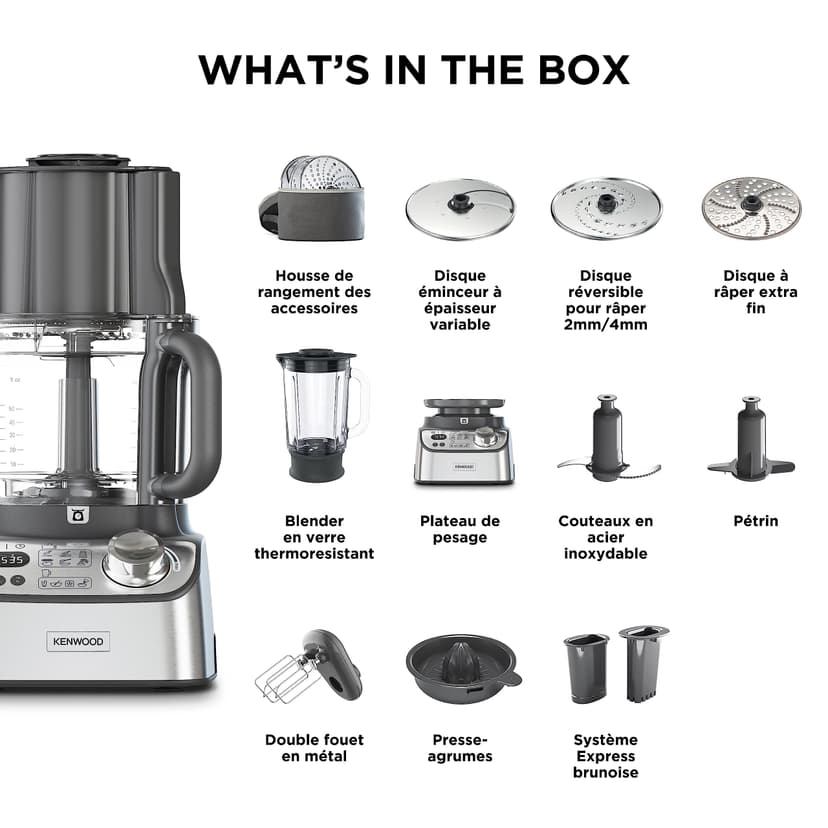 Kenwood MultiPro XL Weigh+ FDM72.990SS Robot de cuisine compact, avec balance et minuterie intégrées, récipient de travail de 3 l, vitesse variable, bac de remplissage XL, 1000 W, argenté - 8