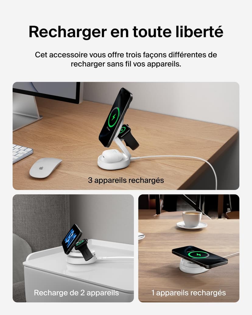 Belkin BoostCharge Station de Charge 3-en-1 Pliable, Chargeur Induction Compatible MagSafe, certifié Qi2, 15 W, pour iPhone 17, Air, Apple Watch, AirPods, Pixelsnap, Adaptateur 36W Inclus - Blanc - 5
