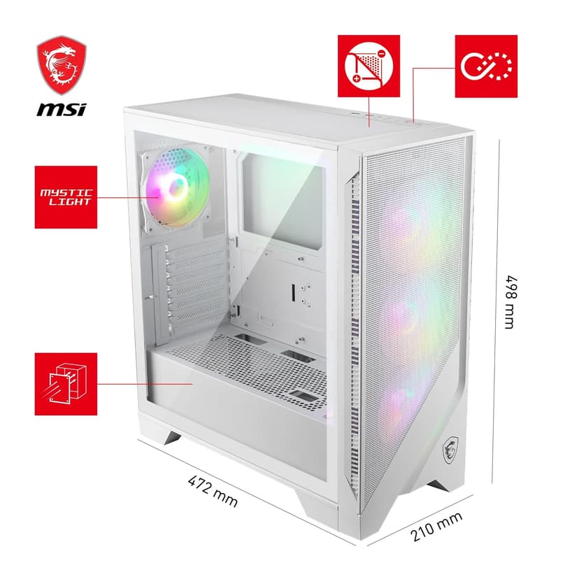MSI MAG Forge 320R Airflow White Boîtier PC Moyen Tour - ATX, Compatible avec Les RTX 40, Ventilateurs ARGB, filtres à poussière magnétiques, Verre trempé, Hub de contrôle ARGB, USB Type-A 3.2 Gen 1 - 3
