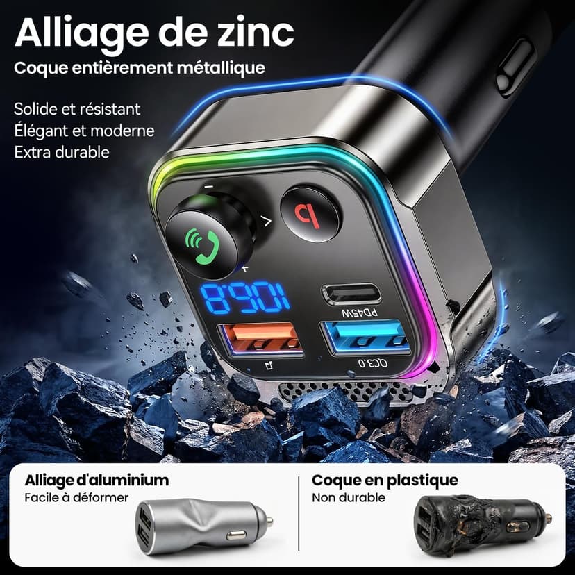 GizmoVine Bluetooth 5.4 FM Transmitter Car Adapter 63W (PD 45W & 18W) [Light Switch] [HiFi Bass Sound] [Fast Charging] Wireless Radio Music Adapter LED Display Zinc Alloy Hands-Free Calling Support - 2