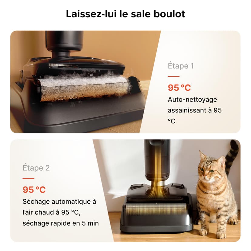 roborock F25 ACE Pro Aspirateur Laveur sans Fil, 25000Pa, JetFoaming Anti-Taches, Brosse Anti-Emmêlement, Design 180° à Plat, Auto-Nettoyage Eau Chaude & Séchage, 60 Min - 6
