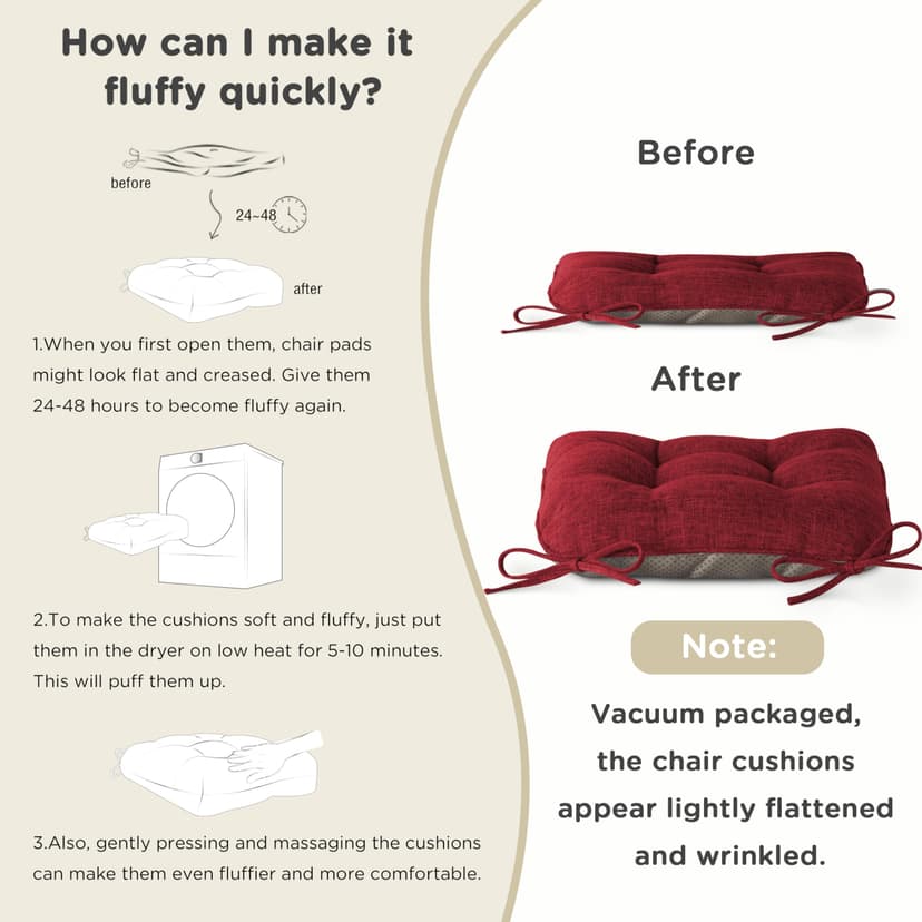 AddGrace Lot de 4 coussins extra épais pour chaises de salle à manger, antidérapants, coussins doux pour chaises de cuisine, avec attaches, 40 x 40 x 10 cm, rouge - 3
