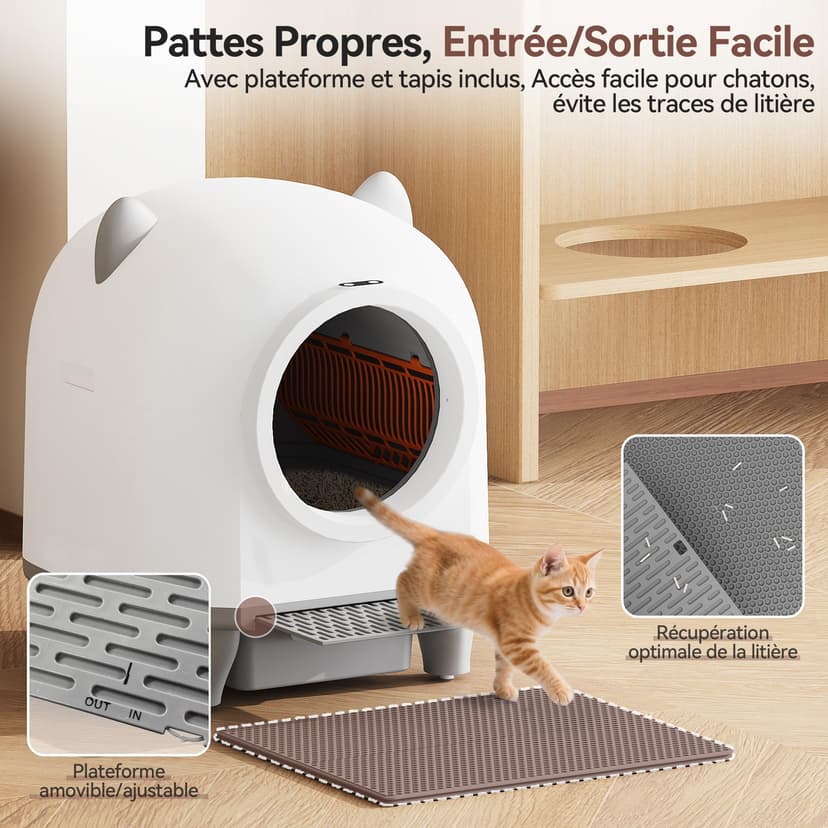 Devoko Self-Cleaning Pet Litter Box with Cute Cat Ears, Automatic XXL Enclosed Tray, Remote Control, Large Space, Safety & Odour Control, 90L Electric Litter Box for Multiple Cats - 6