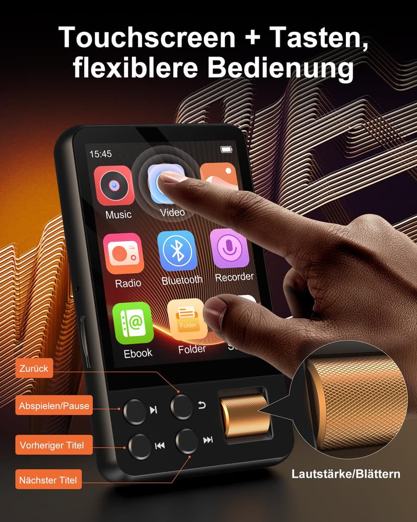 AGXOV 128GB Bluetooth MP3 Player, MP3 Music Player with Headphones, Dictaphone, HiFi Sound, 2.4 Inch Color Screen, Ideal for Sports, Black - 6