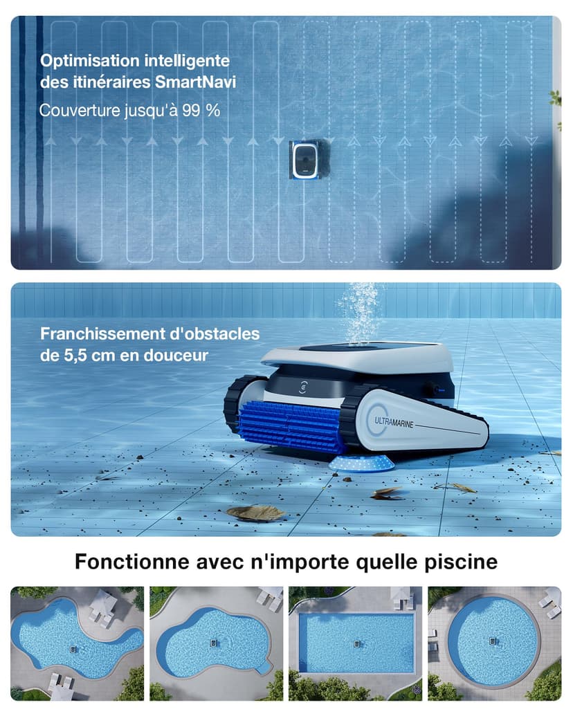 ECOVACS Ultramarine P1 Robot Piscine Nettoyage Fond et parois, Aspirateur Piscine 180 Min, 180 m², Aspiration UltraPure 300 L/Min, Application, Filtre Double Couche, Navigation SmartNavi - 6