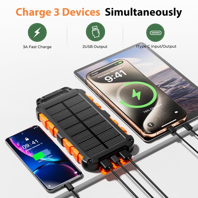 Solar Power Bank 26800mAh, PD15W USB C Portable Solar Charger Fast Charging External Battery Pack with 3 Outputs 2 Inputs and LED Light for Outdoor Phone Tablets and More - 3
