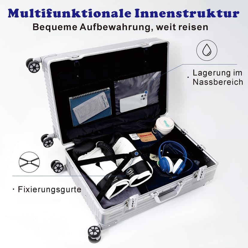 Aoliwei Suitcase Hand Luggage · Silver · Aluminium Frame · Hard Shells in Polycarbonate · Trolley Travel Luggage · Travel Suitcase with 4 Double Wheels · TSA Combination Lock · S-55 cm - 5