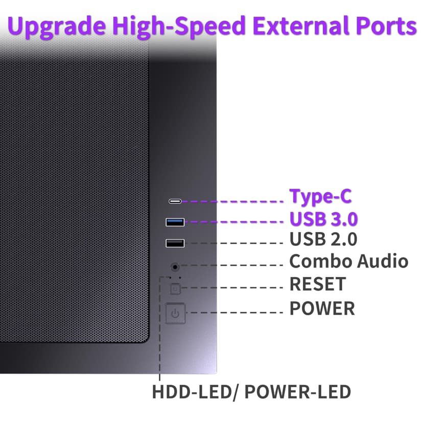 MUSETEX Y6 PC Case Pre-Installation 7 Infinity Mirror PWM ARGB Fan, ATX Mid Tower Computer Case, Gaming PC Case with Type-C, 270° Full View Tempered Glass, Black - 6