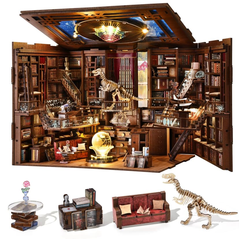 MiniCity Book Nook Kit, DIY Miniature Dollhouse Booknook Kit, 3D Wooden Puzzle Bookend Bookshelf Insert Decor with LED Light for Teenagers and Adults (Beyond Library Max) - 1