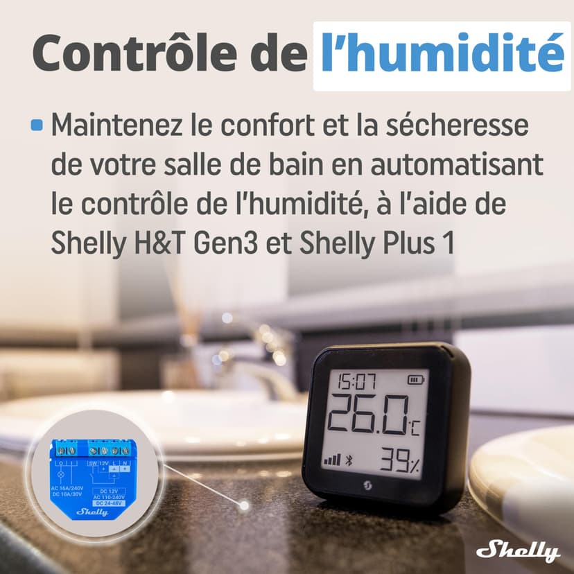 Shelly H&T Gen3 Noir - Capteur de température et d'humidité connecté, Thermomètre & Hygromètre intérieur/extérieur Wi-Fi, Écran eink, Horloge digitale, App iOS & Android - 7