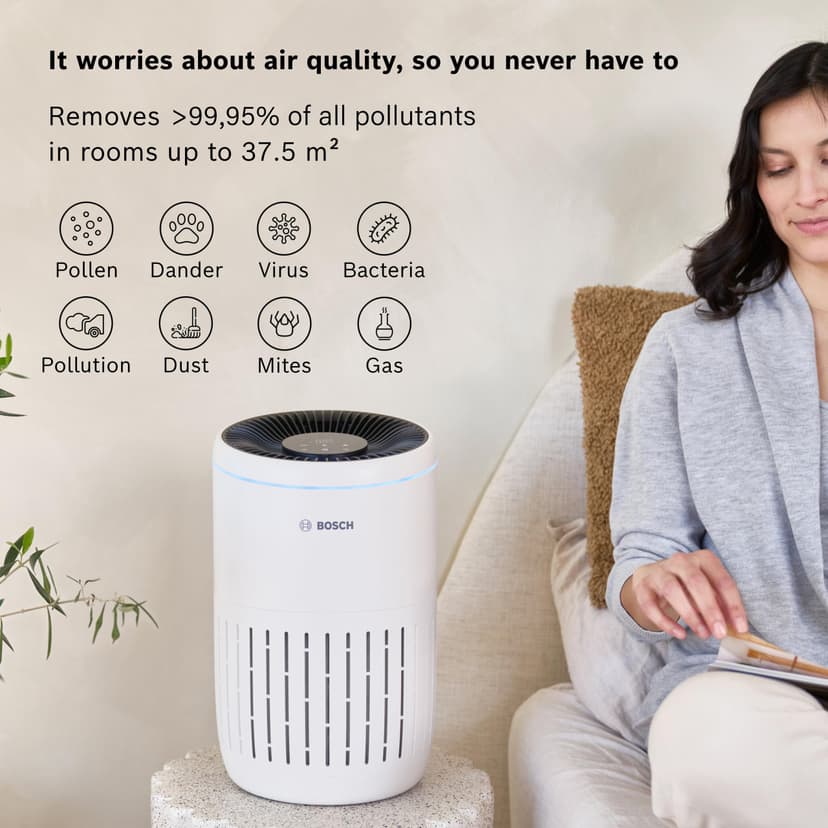 Bosch Air 2000 Air Purifier - Removes Pollutants, Includes Air Filter and Sleep Mode (< 25 dB(A)) - For Areas up to 37.5 m²- With Smart Sensor & Auto Mode - CADR: 180 m³/h - 2