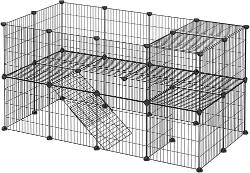 SONGMICS Pet Enclosure, LPI02H, 2 Levels, Modular Enclosure for Small Animals, Hamsters, Rabbits, Guinea Pigs, Mesh Panels, Indoor Use, 143 x 73 x 71 cm, Black