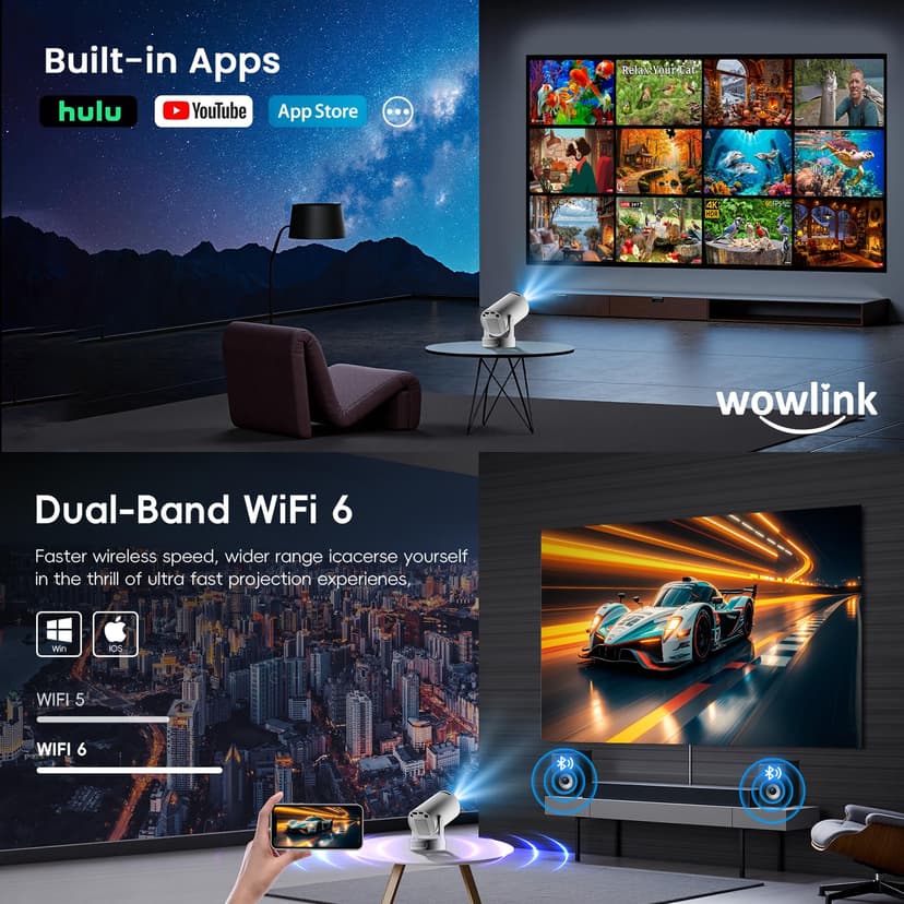 Mini Projector with WiFi 6 and Bluetooth 5.4 Support 4K 1080P Auto Keystone 180° Rotatable Projector Portable Compatibile with HDMI/TV Stick/Memory Stick - 3
