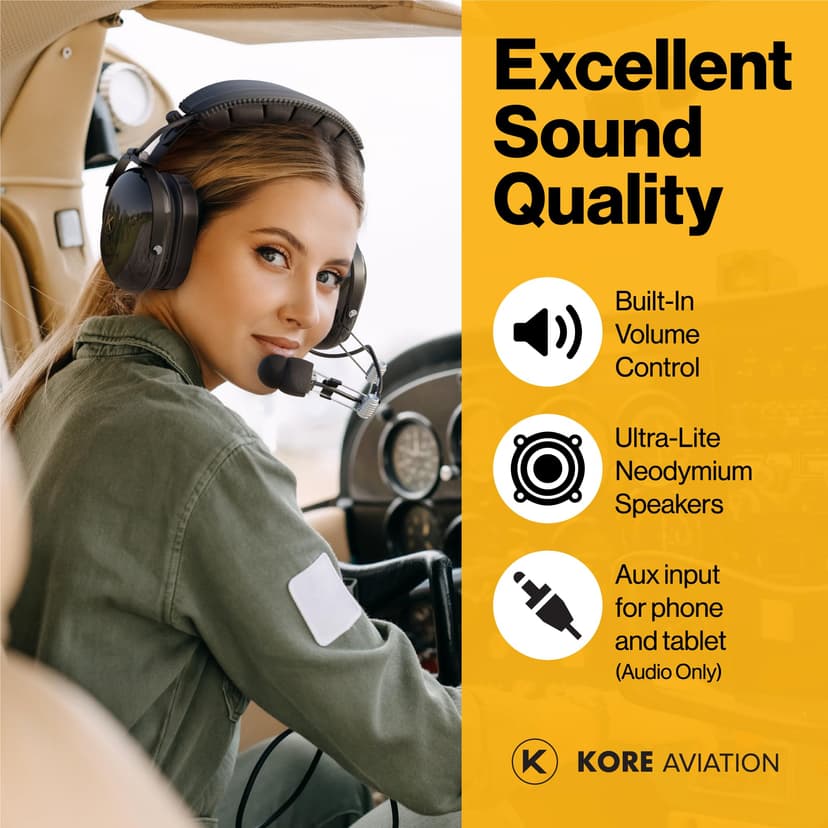 KORE Aviation P1 General Aviation Headset for Pilots | Mono, 24 db Passive Noise Reduction Rating, Noise Canceling Microphone, Acoustic Foam Ear Cups, AUX Port for MP3 Music Input with GA Dual Plugs - 5