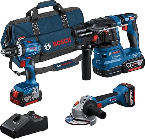 Bosch Professional GSB 18V-50 Cordless Impact Wrench & GBH 185 Cordless Hammer Drill & GWS 18V-8 Battery Grinder & 3 x GBA 4.0 Ah Battery + GAL 18V-40 Charger & M-Bag Case in Cardboard Box