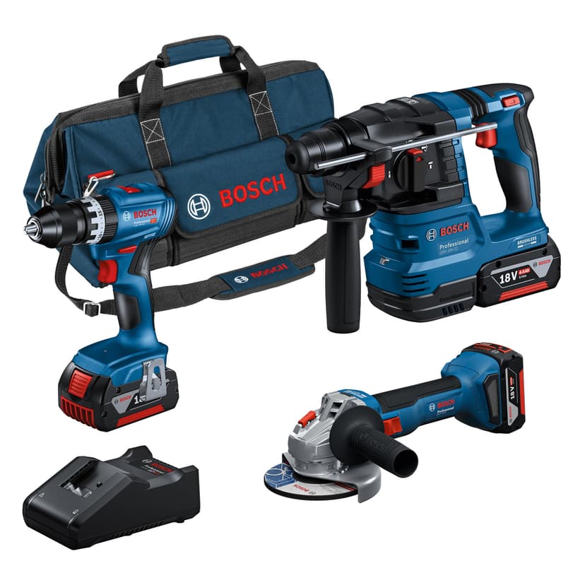 Bosch Professional GSB 18V-50 Cordless Impact Wrench & GBH 185 Cordless Hammer Drill & GWS 18V-8 Battery Grinder & 3 x GBA 4.0 Ah Battery + GAL 18V-40 Charger & M-Bag Case in Cardboard Box - 1