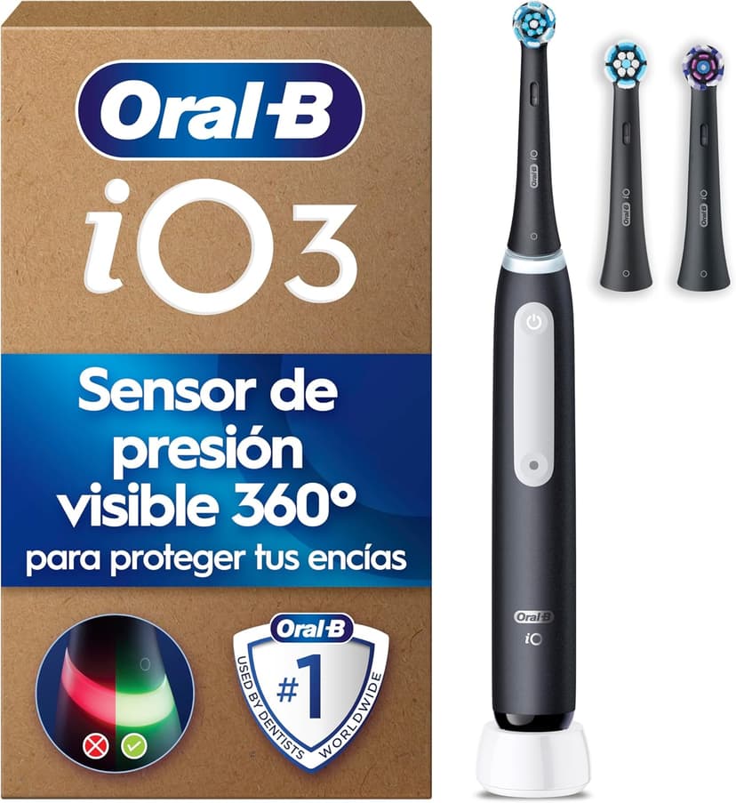 Oral-B Brosse à Dents Electrique iO 3, 3 Brossettes de Rechange, Noire – 3 Modes de Brossage Silencieux dont Douceur et Blancheur, Capteur de Pression sur les Gencives, Batterie Rechargeable - 1