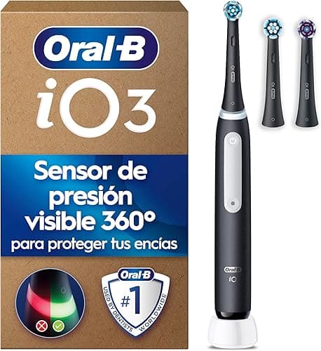 Oral-B Brosse à Dents Electrique iO 3, 3 Brossettes de Rechange, Noire – 3 Modes de Brossage Silencieux dont Douceur et Blancheur, Capteur de Pression sur les Gencives, Batterie Rechargeable