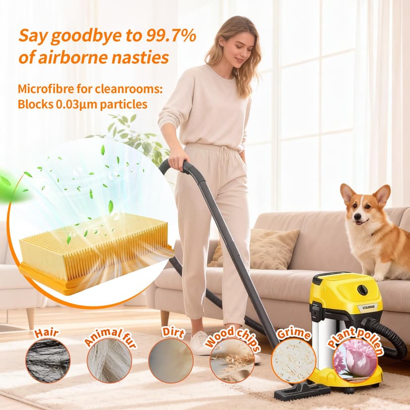 KFI 487 Vacuum Cleaner Bags with 2 Filters Replacement for Kärcher WD4 WD5 WD6 WD5 P WD6 P MV4 MV5 MV6, Fleece Filter Bags for Kärcher 2.863-006.0, Filter Set KFI 4410 Filter (2.863-005.00) Pack of 10 - 3