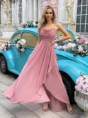 Spaghetti Straps Princess Bridesmaid Dresses Ruffles Prom Dresses Chiffon Formal Evening Party Gown with Slit Coral UK10 - 2