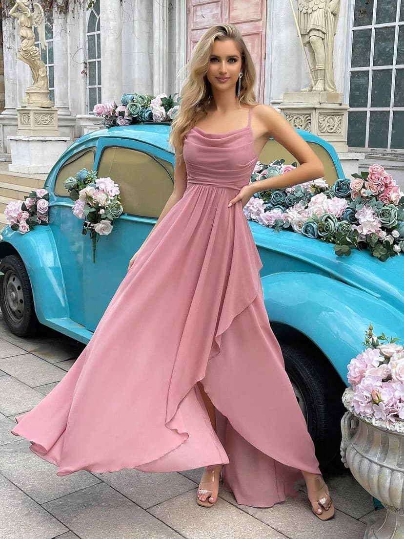 Spaghetti Straps Princess Bridesmaid Dresses Ruffles Prom Dresses Chiffon Formal Evening Party Gown with Slit Coral UK10 - 2