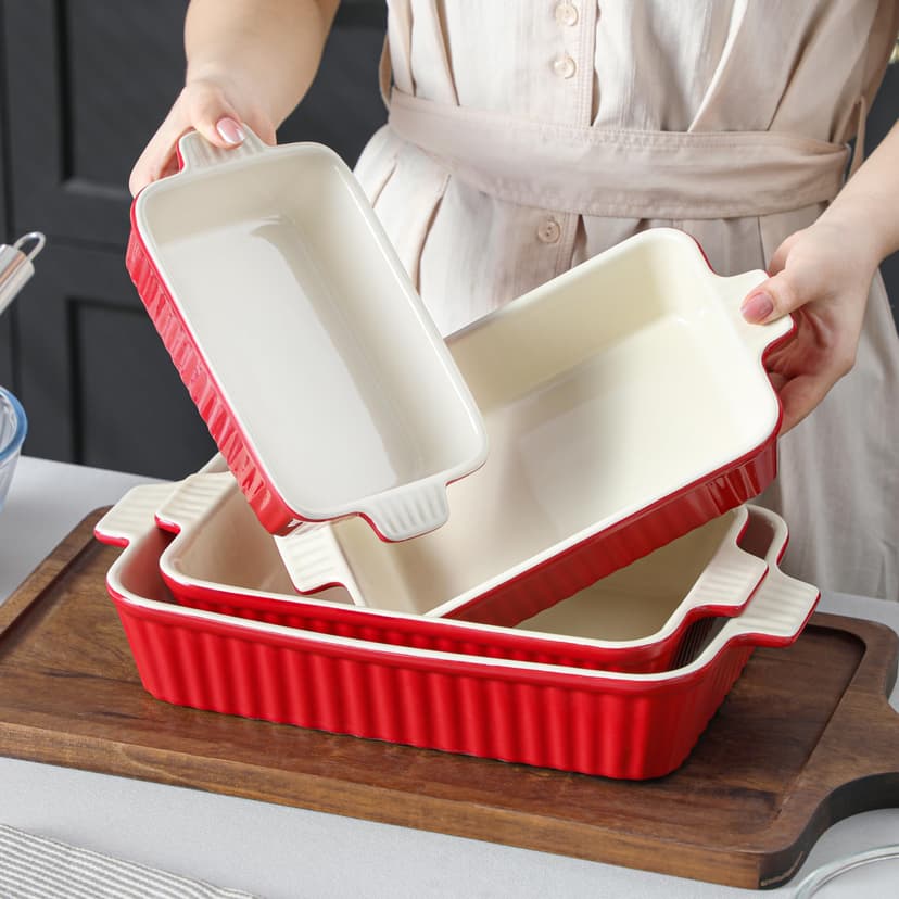 MALACASA Série BAKE, Lot de 4 Plats à Gratin en Céramique avec Poignées, Plats Rectangulaires en Porcelaine Rouge, 3020ml, 2080ml, 1480ml, 850ml, Passe au Lave-vaisselle, Idéaux pour Cuisson et Gratin - 7