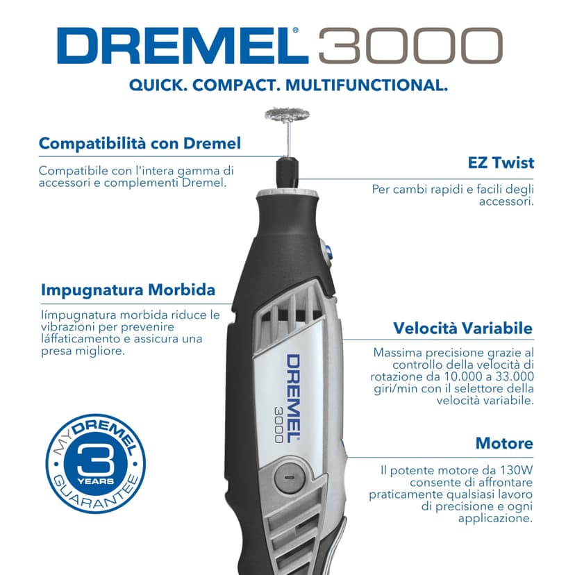 Dremel 3000 Outil Rotatif Multifonction 130W avec 1 Adaptation 25 Accessoires, Vitesse Variable 10000-33000 tr/min pour Découper, Poncer, Percer, Nettoyer, Sculpter, Polir, Graver, Meuler - 2