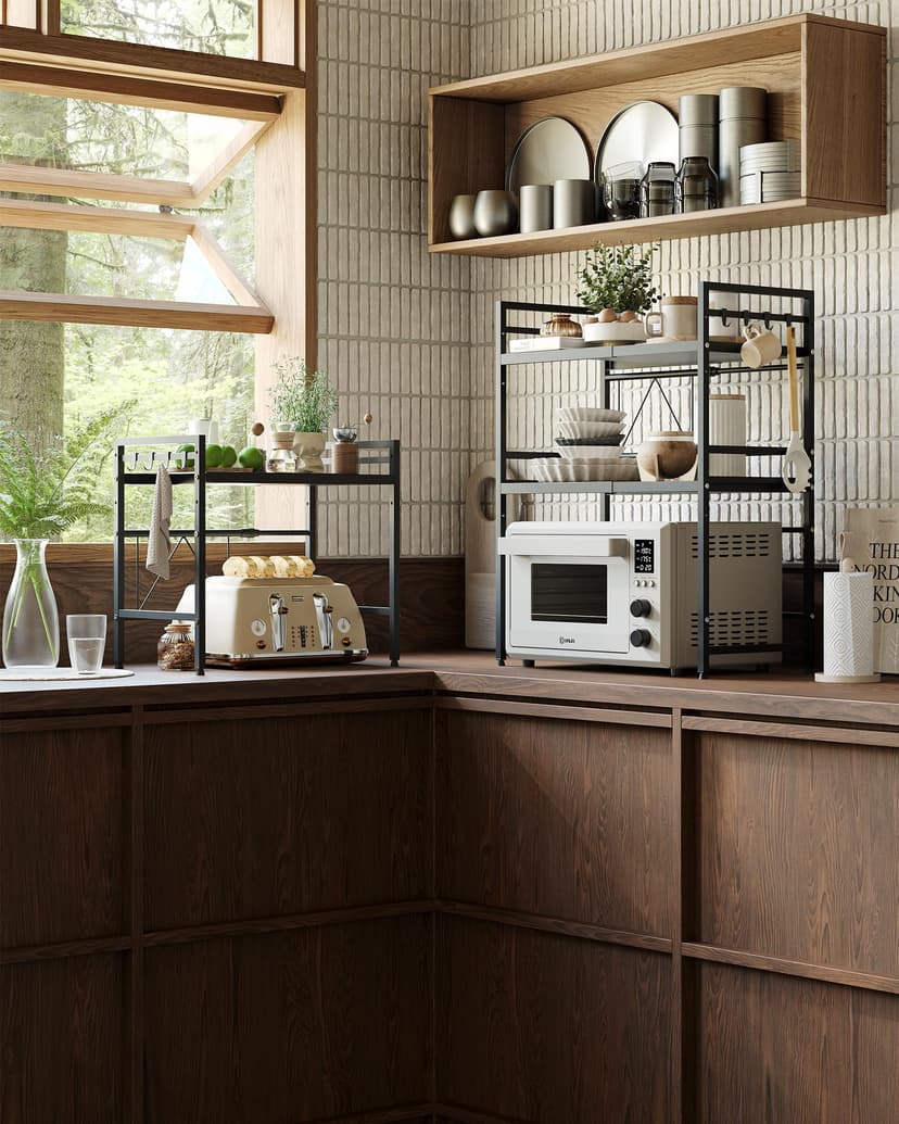 NETEL Erweiterbares Mikrowellen Regal 2-stufiges Mikrowellenständer Mikrowellenhalter Organizer küchenregal stehend für arbeitsplatte Bäckerregale mit 8 Haken - 7