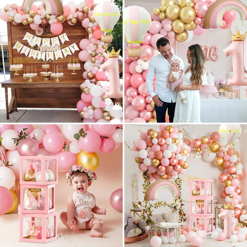Toyssa 1st Birthday Decorations for Girls, Retro Pink Balloon Arch Kit with ONE Balloon Boxes Foil Balloons Happy Birthday Banner, First Girls Decoration Party Supplies for Kids - 5