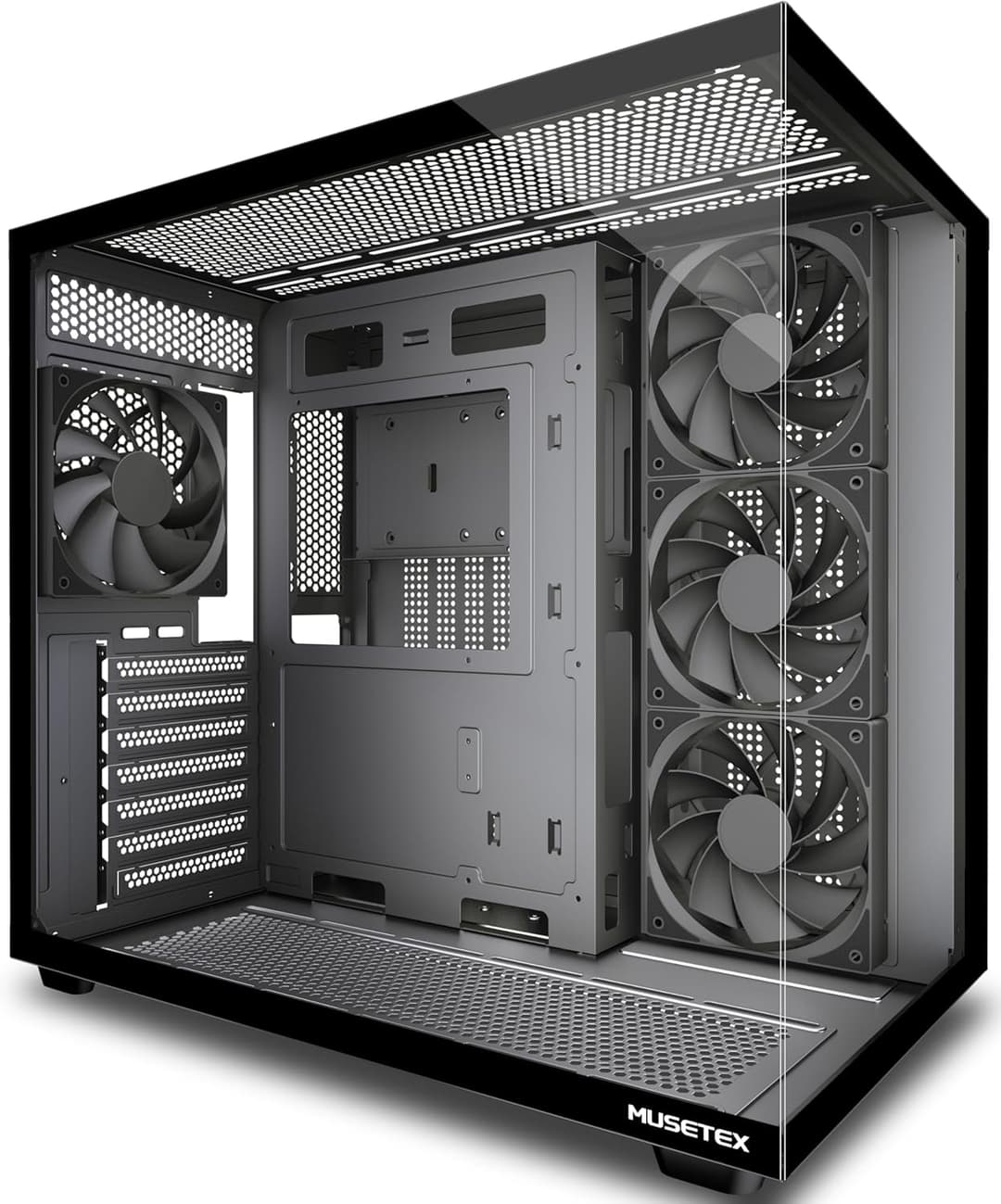 MUSETEX Y6 Case PC, con 4 ventole preinstallate senza illuminazione LED, Case ATX Mid Tower, Case PC Gaming con Type-C, Vetro Temperato a 270° Vista Completa, Nero