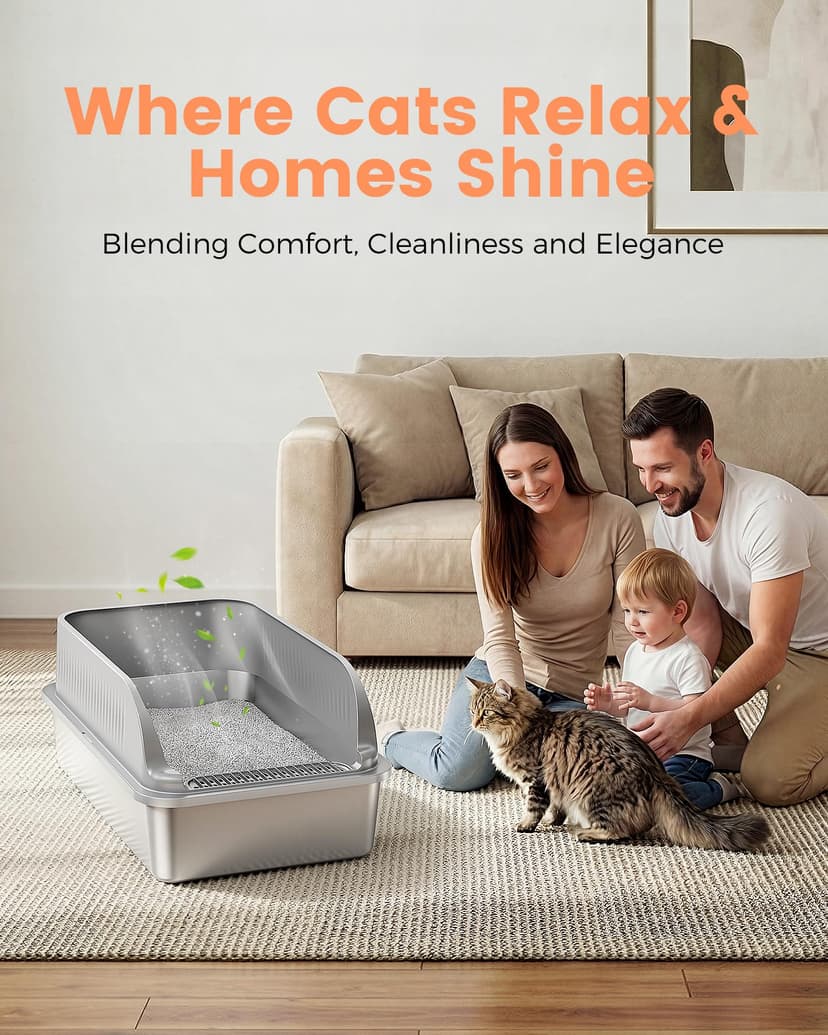 Stainless Steel Cat Litter Tray with High Sides, XXL Metal Cat Litter Box with Scoop, Hooded Toilet for Cat Rabbit, Pet Tray for Large and Small Cats, Leak-Proof, Odour-Free, Easy to Clean, Light Grey - 6