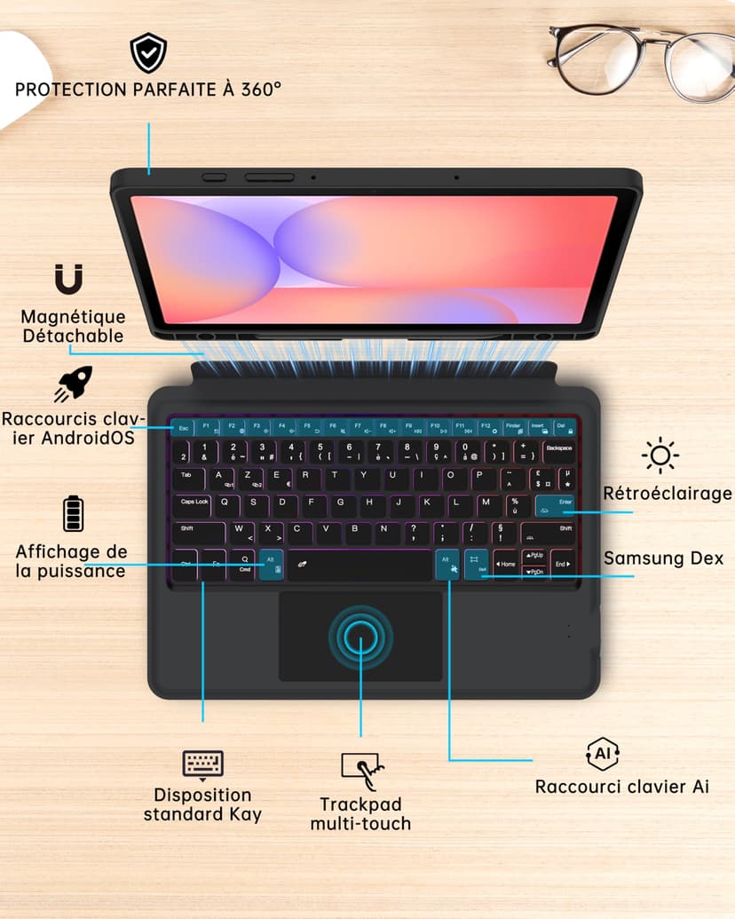 Coque Clavier Pour Samsung Galaxy Tab S10 Lite/S10 FE/S9 FE/S9 : mode DEX en un clic,mise en veille/réveil auto,rétroéclairage arc-en-ciel,Étui Clavier AZERTY français détachable avec pavé tactile - 7